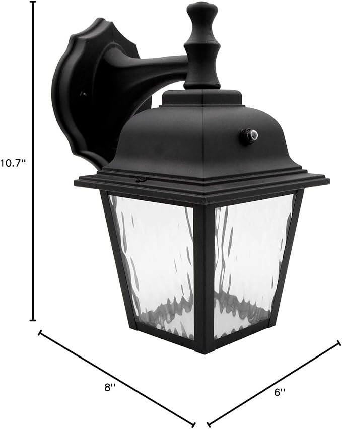 Maxxima LED Porch Lantern Outdoor Wall Light Fixture - Black, Clear Water Glass, Photocell Sensor, 875 Lumens, 3000K Warm White, Dusk to Dawn Light Sensor, Exterior Decorative Light-VerdiqueGarden