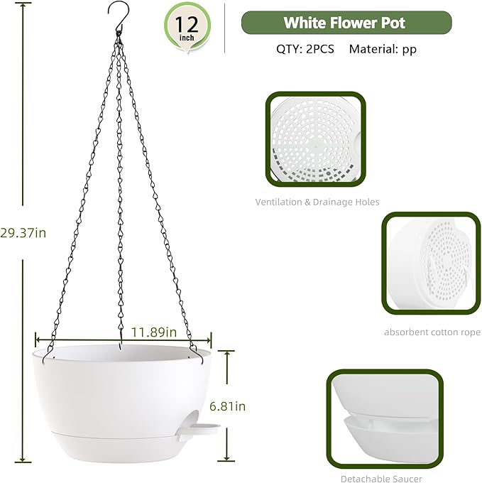 12 Inch Hanging Baskets 2 PC with Chains, Self-Watering Hanging Planters for Indoor Outdoor Plants, Plastic Hanging Flower Pots,White-VerdiqueGarden