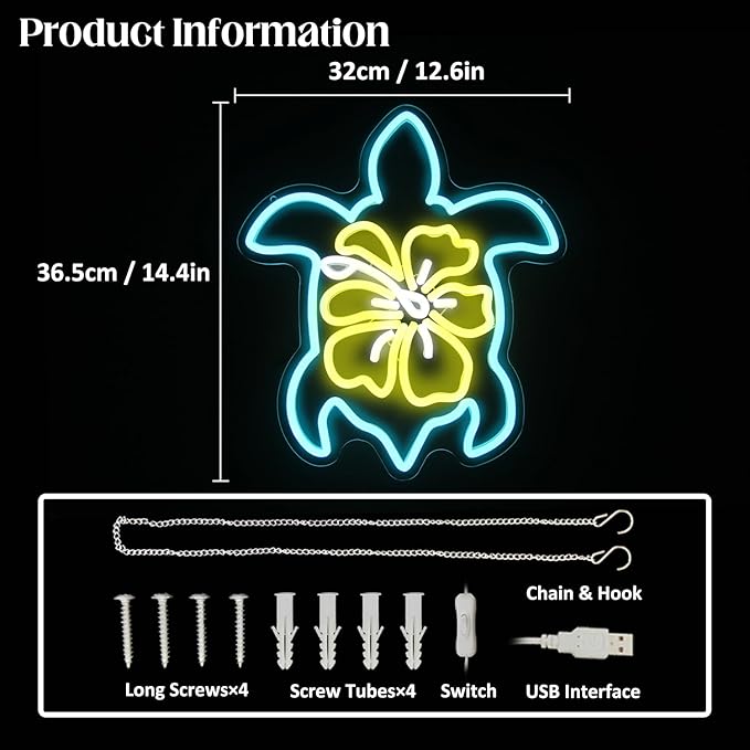 Sea Turtle Hibiscus Neon Signs for Wall Decor Blue Turtle Neon Light Yellow Flower LED Neon Wall Sign Ocean Neon Light Up Sign for Bedroom Living Room Office Decor Sea Turtle Gifts-VerdiqueGarden