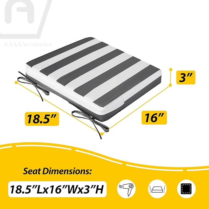 AAAAAcessories Outdoor Seat Cushions for Chairs, Waterproof, Fade-Resistant Patio Furniture Replacement Cushions, 18.5" x 16" x 3", Set of 2, Gray Cabana Stripe-VerdiqueGarden