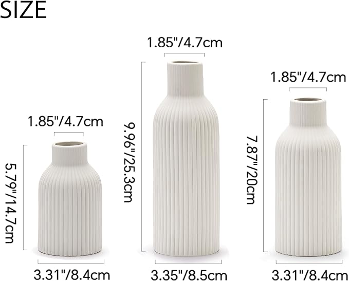 Ceramic Vase Set of 3, Flower Vases for Spring Room Decor, Kitchen Farmhouse, Modern Boho Style(White)-VerdiqueGarden