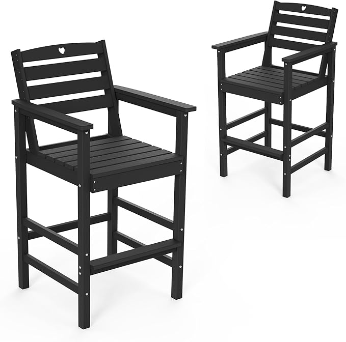 Tall Adirondack Chairs Set of 2, HDPE Wood Balcony Adirondack Chairs Set with Heart Cutout Design, Weather-Resistant Bar Height Furniture for Deck, Porch, Pool (Black)-VerdiqueGarden