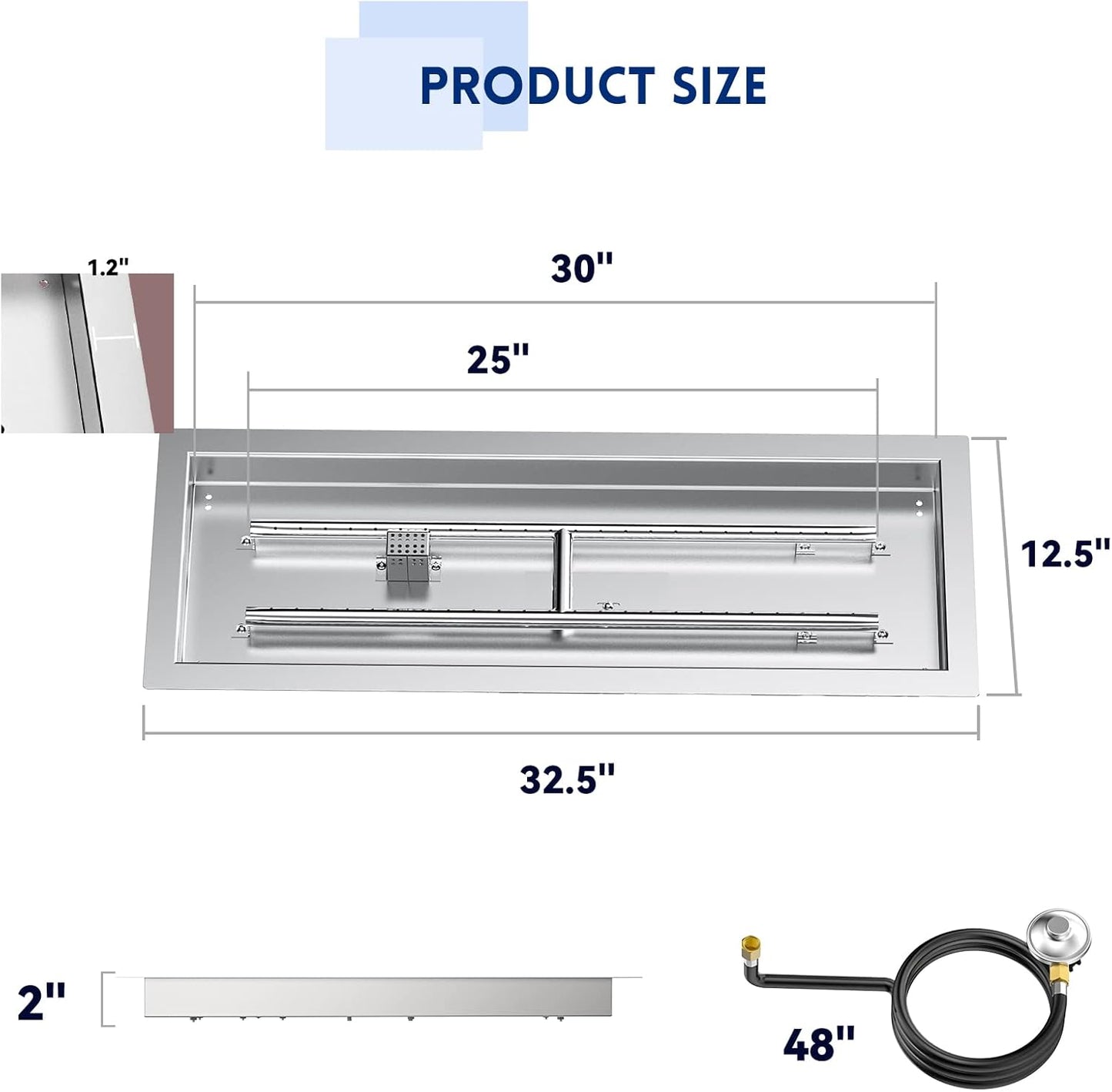 Skyflame 30" Rectangle Stainless Steel Fire Pit Drop-in Burner Kit with Extinguishing Protection Device, Electronic Spark Ignition, and Propane Regulator Hose Set-VerdiqueGarden