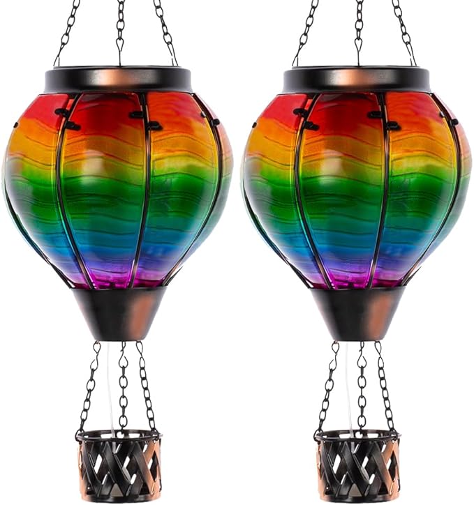 Starsoul 2 PC Solar Hot Air Balloon Lantern with Flame Multi-Color Hot Air Balloon Lantern with Candle Holder Metal & Glass Hanging Garden Light Waterproof Outdoor Lantern Decor-VerdiqueGarden