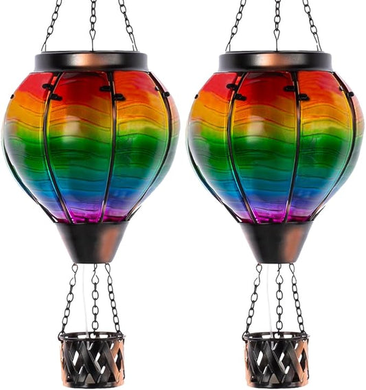 Starsoul 2 PC Solar Hot Air Balloon Lantern with Flame Multi-Color Hot Air Balloon Lantern with Candle Holder Metal & Glass Hanging Garden Light Waterproof Outdoor Lantern Decor-VerdiqueGarden