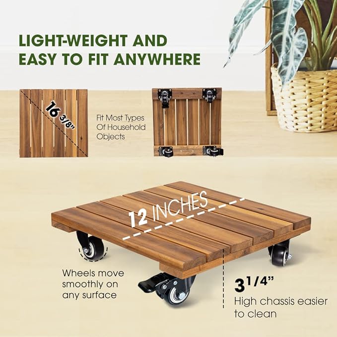 Idzo 2-Pack 12 Inch Acacia Wood Rolling Square Plant Caddy for Plant Pots, Heavy Duty Plant Stand with 360° Lockable Wheels, 264 lbs Capacity Caddy for Indoor and Outdoor Use, Natural Wood-VerdiqueGarden