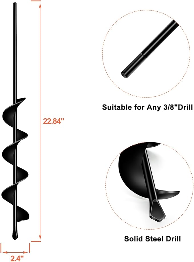 LONGRUN Auger Drill Bit for Planting, Garden Spiral Hole Drill for 3/8” Hex Drive Augers, Solid Shaft Hole Digger Easy Rapid Planter for Planting Trees, Bulbs, Seedlings-2.4"x22.84"-VerdiqueGarden