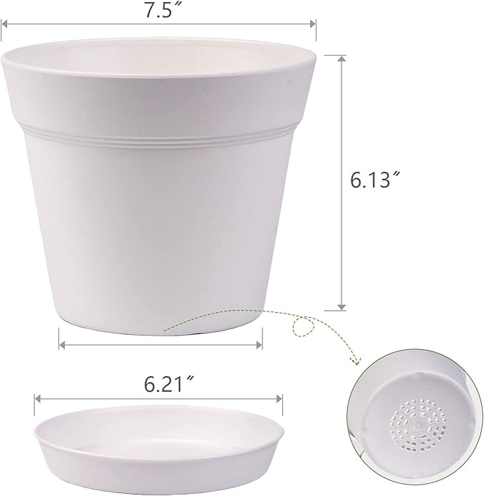 Homenote Pots for Plants, 8 Pcs 7.5 Inch Plastic Planters with Multiple Drainage Holes and Tray - Plant Pots for All Home Garden Flowers Succulents, Cream White-VerdiqueGarden