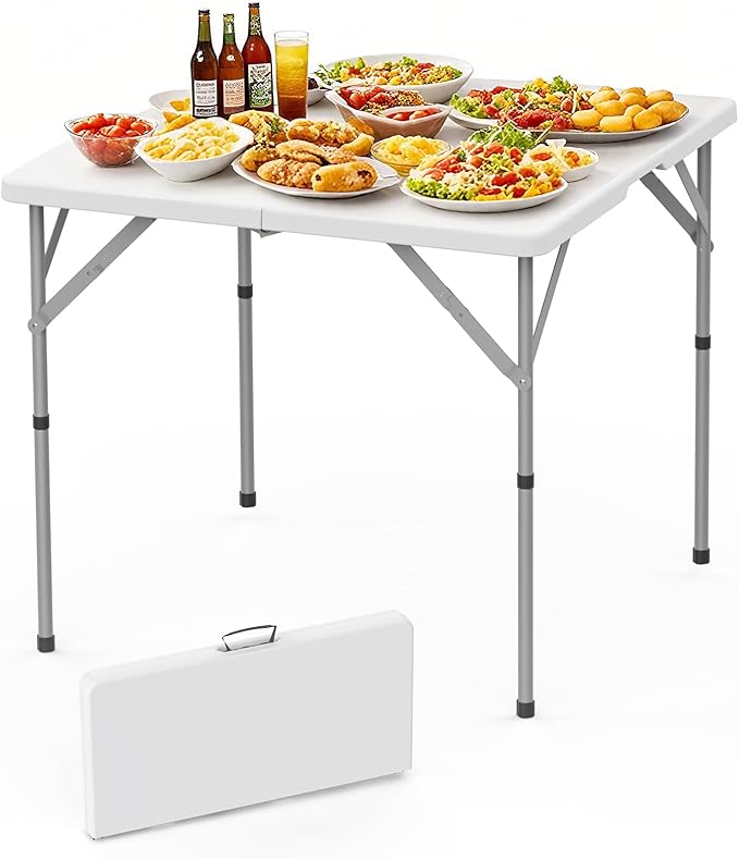 HLPB 34'' Square Folding Card Table, Fold-in-Half Portable Dining Table with Handle and Safety Lock, Foldable Plastic Dining Table Indoor Outdoor for Camping, Picnic and Party Event, White-VerdiqueGarden
