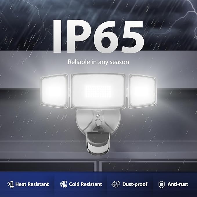 Onforu 65W LED Security Lights Motion Sensor Light Outdoor, 6500LM, 6500K, IP65 Waterproof, Flood Light Outdoor Motion Detector with Adjustable 3 Head, Hardwired Wall Light for Entryway, Yard (Gray)-VerdiqueGarden