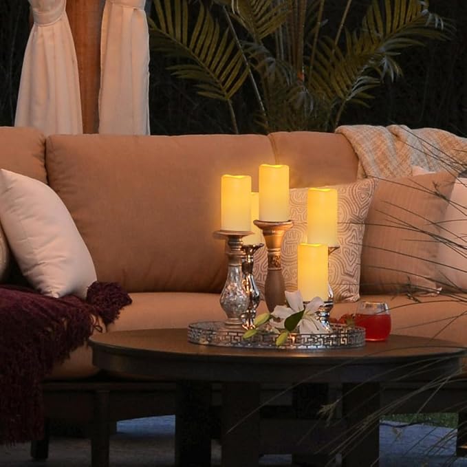 Waterproof Flameless Remote Control Candles 12PACK（D3''*H5.5''） Battery Operated Flickering LED Pillar Candle，plastic with 10-Key 24Hours Timer for Outdoor/Indoor Party Garden Lanterns Porch Ivory-VerdiqueGarden