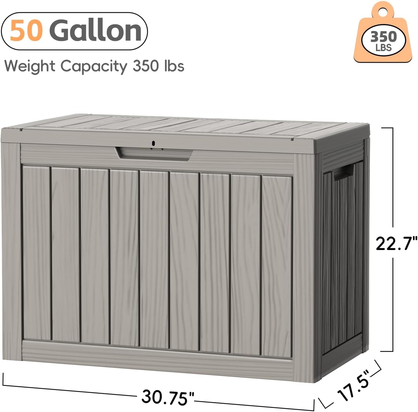 Outdoor Storage Box, 50 Gallon Waterproof Resin Deck Box, Storage Bin for Package Delivery, Patio Furniture Cushion, Garden Tools, Pool Accessories, Weatherproof and UV Resistant, Grey-VerdiqueGarden