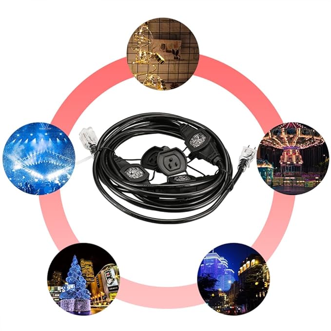 30FT 14 Gauge Multi Outlet Extension Cord, 5 Evenly Spaced Weatherproof Outlets, Great for Stage Backdrops, Landscape Garden Lighting，Christmas Decorations ETL-VerdiqueGarden