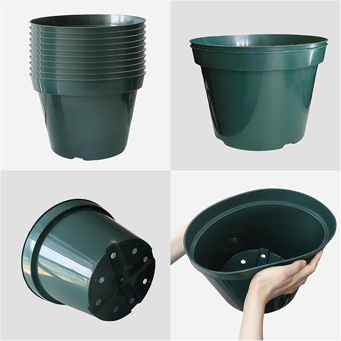 10 Pack Plastic Planter Pots, 10 Inch Thick Plant Pots with Multiple Drainage Holes, Pots for Plants Such as Herbs Strawberry and Flowers, Green Growing Planters for Outdoor Plants or Indoor (Green)-VerdiqueGarden
