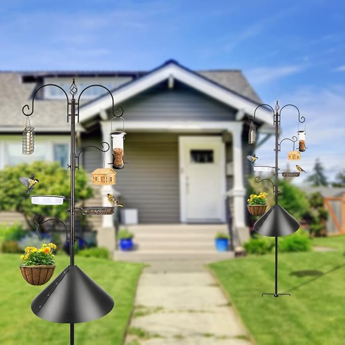 Deluxe Bird Feeding Station Kit - Wild Bird Feeder Hanging Pole With Multi Feeder, Suet Cage, Planter Hanger, and Squirrel Guard Baffle for Attracting Birds-VerdiqueGarden