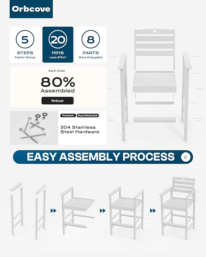 3-Piece HDPE Outdoor Bar, Outdoor Bar Stools and Outdoor Bar Table with Heart Cutout Design, All Weather Bistro Set Outdoor for Patio, Porch, Pool (White)-VerdiqueGarden
