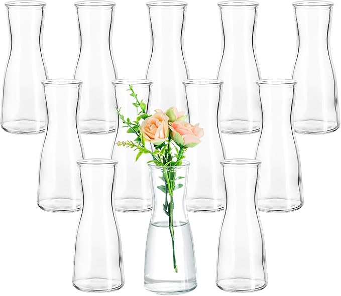 Hewory Glass Bud Vases for Centerpieces - Clear Small Flower Vase Set of 12, Modern Minimalist Cute Mini Decorative Bulk Vases for Wedding Bridal Shower Birthday Party Events Dining Room Table Decor-VerdiqueGarden