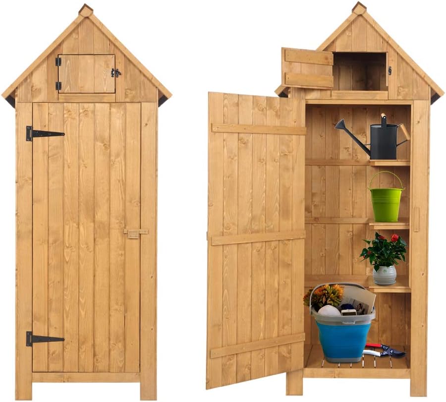 Outvita Outdoor Storage Cabinet, 70in Wooden Vertical Garden Tools Shed, Patio Storage Organizer with Latch & Waterproof Roof for Yard Deck Lawn Farmland Equipment(Natural)-VerdiqueGarden