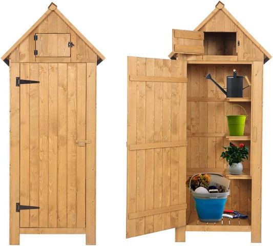 Outvita Outdoor Storage Cabinet, 70in Wooden Vertical Garden Tools Shed, Patio Storage Organizer with Latch & Waterproof Roof for Yard Deck Lawn Farmland Equipment(Natural)-VerdiqueGarden