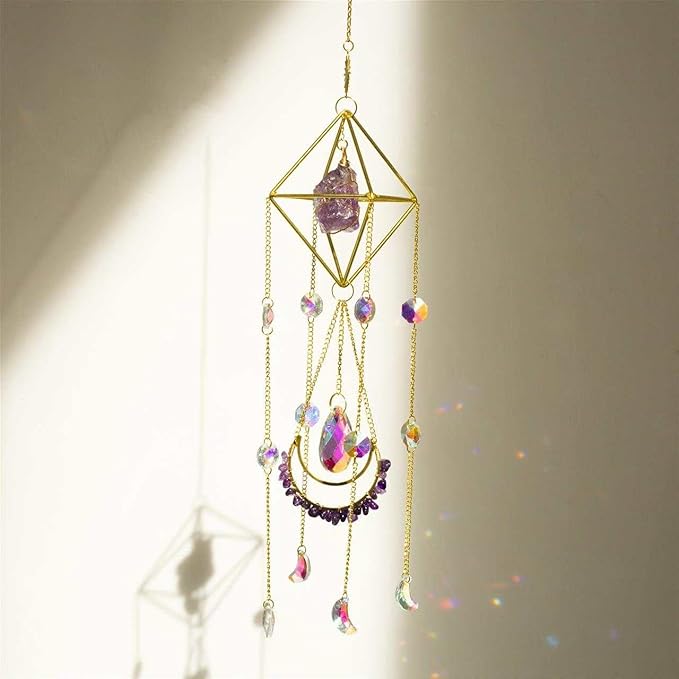 Suncatcher Amethyst Crystal Boho Decor, Spiritual, Purple Gemstone Sun Catcher Hanging for Windows, Rainbow Maker, Crystal Boho Hanging, Natural Stone (Amethsyt)-VerdiqueGarden