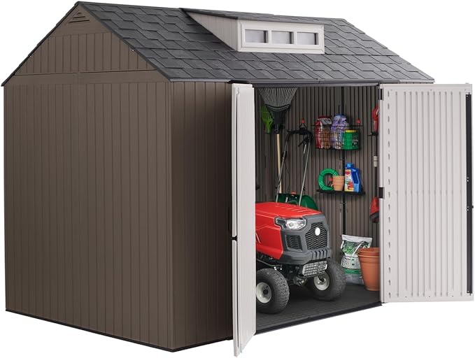 Rubbermaid Extra Large Resin Outdoor Storage Shed With Floor (7 x 10.5 Ft.) Weather Resistant Brown Organization for Home/Lawn Mower/Backyard Equipment/Bike Storage/Pool Supplies-VerdiqueGarden