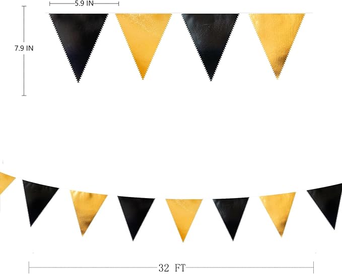 Black and Gold Party Decorations Triangle Pennant Banner Flag Metallic Fabric Bunting Garland for Birthday Graduation Anniversary Wedding Bachelorette Bridal Shower Engagement Hen Party Supplies-VerdiqueGarden