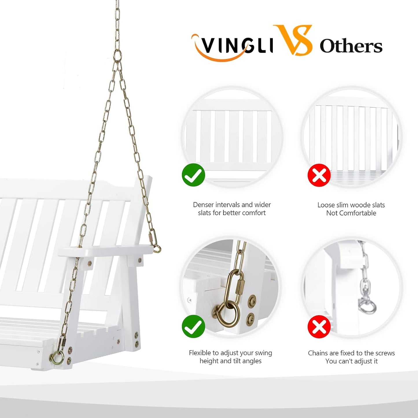 VINGLI Upgraded Heavy Duty 880 LBS 4 FT Patio Wooden Porch Swing Solid Fir Wood, Outdoor Handing Swing Bench for Garden | Yard | Balcony | Tree, White-VerdiqueGarden
