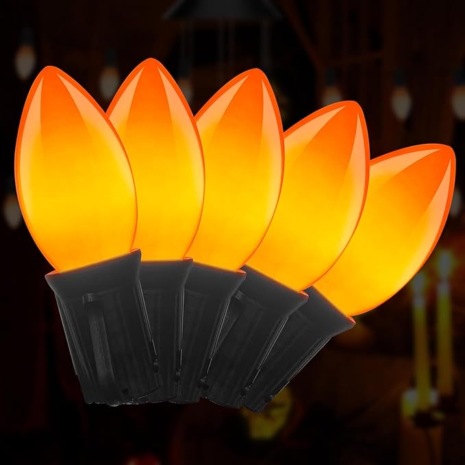25FT LED Halloween Outdoor String Lights with 26 C9 Candle Shape Shatterproof Plastic Bulbs,2700K Waterproof Connectable Orange LED String Lights for Home Garden Halloween Christmas Fall Decor-VerdiqueGarden