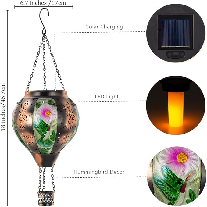 Starsoul Hummingbird Hot Air Balloon Solar Lantern Metal & Glass Solar Hot Air Balloon Hanging Garden Light Waterproof Outdoor Lantern for Patio Yard Party Decorations-VerdiqueGarden