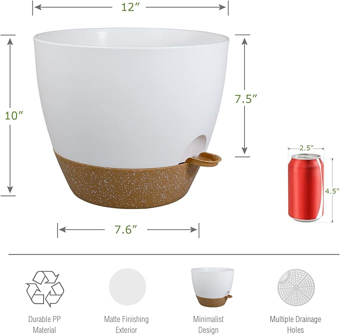 12 inch Large Self Watering Pots, Plastic Planters with 60oZ Removable Deep Reservoir and Multi Mesh Drainage Holes for Indoor Outdoor Garden Plants and Flowers, White with Brown-VerdiqueGarden