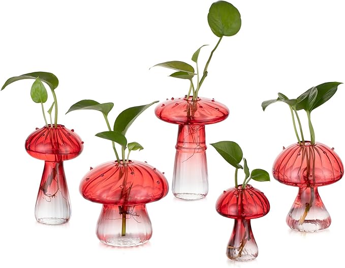 Glasseam Mushroom Plant Propagation Stations: Red Glass Terrarium Jar Set of 5 Cute Planters for Indoor Plants Decorative Propagate Station Unique Christmas Birthday Gifts for Women Home Office Decor-VerdiqueGarden