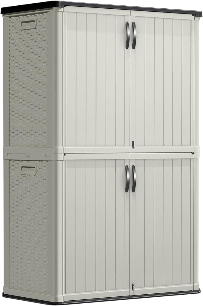 Greesum Outdoor Storage Shed Without Divider, 45 cu.ft Outdoor Waterproof Storage Cabinet for Garden Tools, Pool Storage, Garbage Cans, Beige-VerdiqueGarden