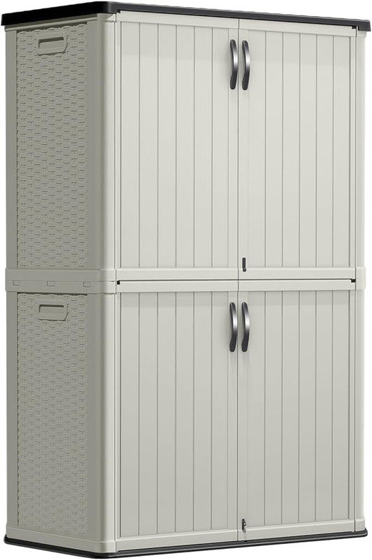 Greesum Outdoor Storage Shed Without Divider, 45 cu.ft Outdoor Waterproof Storage Cabinet for Garden Tools, Pool Storage, Garbage Cans, Beige-VerdiqueGarden
