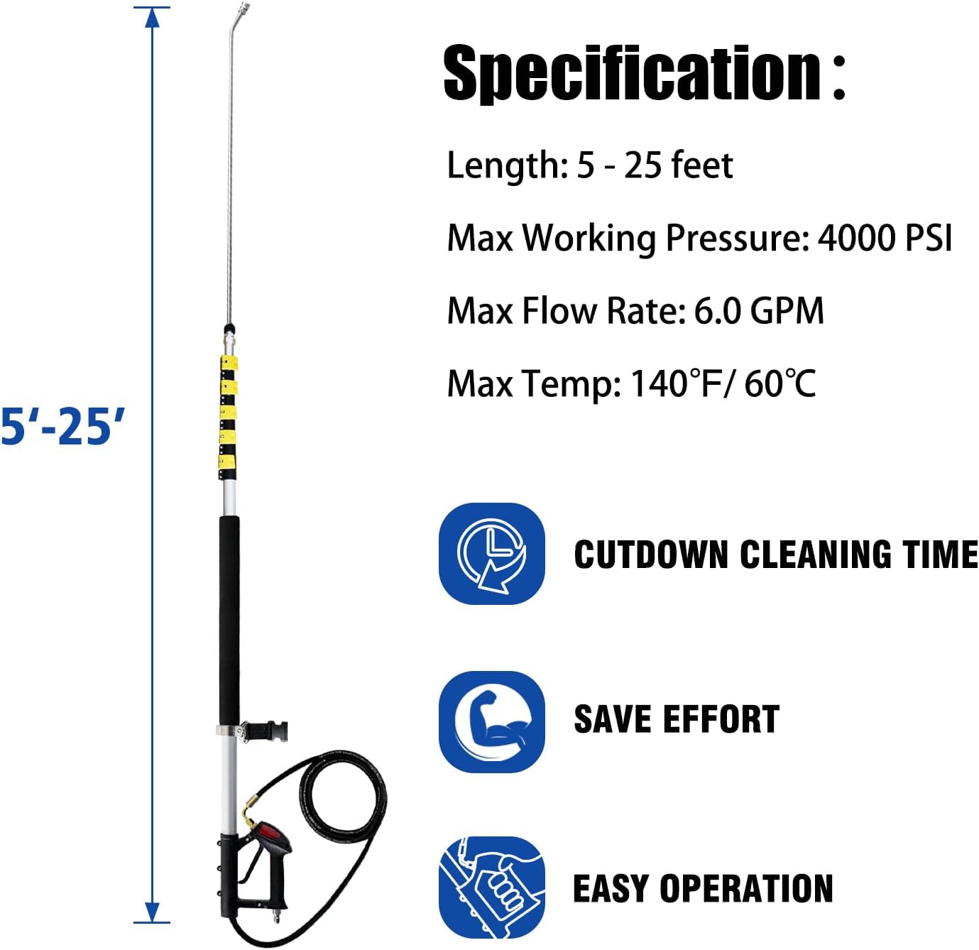 RAYNEL 25FT Telescoping Pressure Washer Extension Wand with Brush Head,2 Power Washer Extension Wands, Gutter Cleaner Attachment,7 Spray Nozzle Tips,Support Belt and 2 Hose Adapters-VerdiqueGarden
