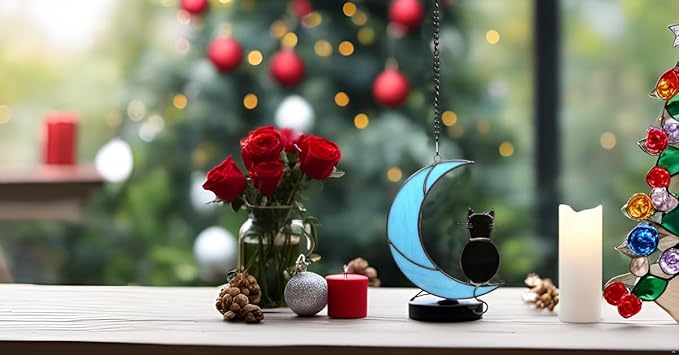 Black Cat Stained Glass Suncatcher,Cat Memorial Gifts for Loss of Cat,Cat Mom Gifts,Cat Sympathy Gifts for Cat Lovers,Window Hanging Ornament-VerdiqueGarden
