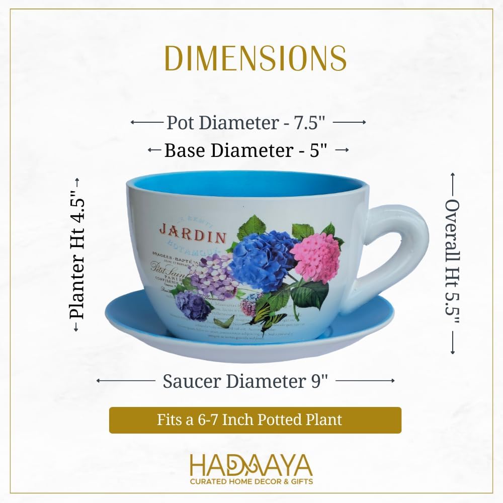 7.5" Ceramic Teacup Planter Pot with Saucer | Ideal for Succulents, Orchids, Herbs & Flowers | Indoor Use| Thoughtful Gift for Birthday, Gift Basket, Sympathy & More – Blue Hydrangea Jardin-VerdiqueGarden