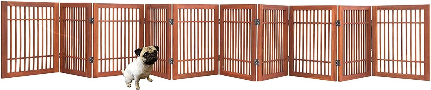 Urnporium Pet Dog Gate Strong and Durable Freestanding Folding Acacia Hardwood Portable Wooden Fence Indoors or Outdoors Foldable pet Barrier for The House (Brown Pet Gate, 10 Panel 24" Tall)-VerdiqueGarden