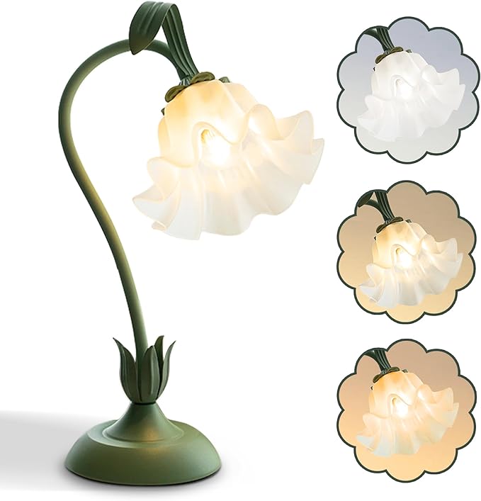 Flower Table Lamp,LED Reading Light Bedside Vintage Flower Night Light,3 Colors Modes Kawaii Bedside Lamps Decor,Living Room Bedroom Room Lighting Table Lamps Home Decoration (Green)-VerdiqueGarden