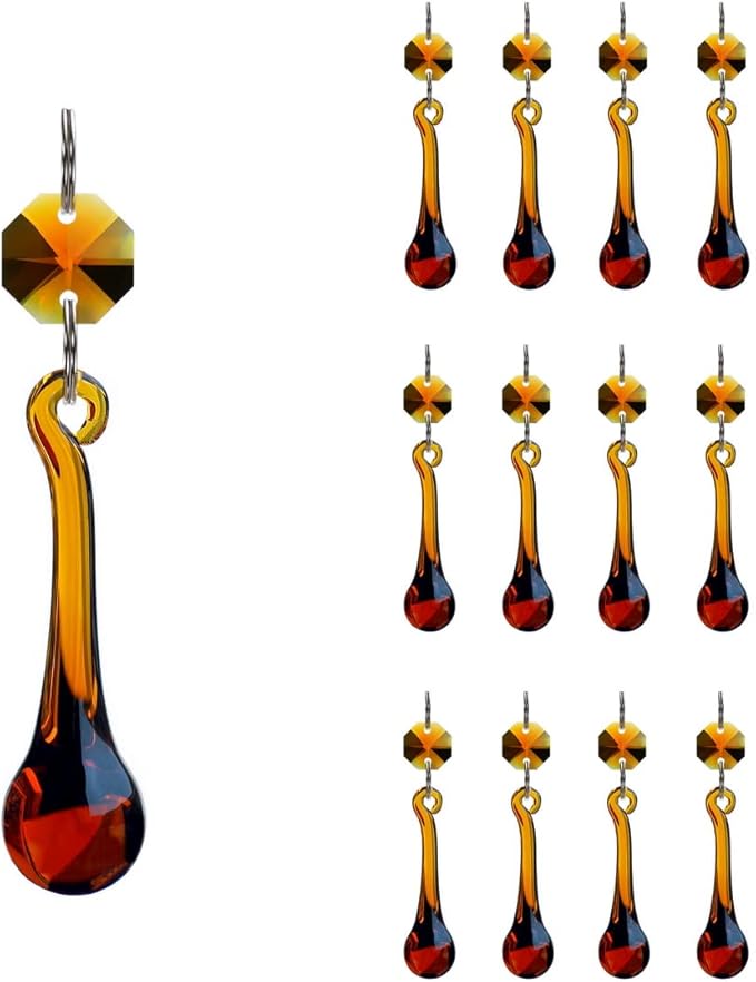 12pcs Raindrop Crystal Chandelier Parts, 53mm Hanging Crystals Glass Beads for Window, Curtain Decoration (Amber)-VerdiqueGarden