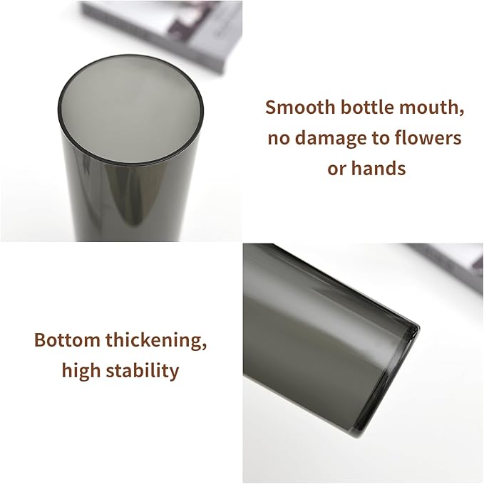 Flower Vase, Non-breakable Vases, 4" W x 16" H, Acrylic Grey Vase, Aesthetic Room Decor Cylindrical Modern Flower Vases for Table Centerpiece, Home Decor, Women Floral Arrangement Gift-VerdiqueGarden