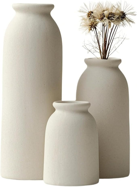 Ceramic Vase Set-3, Small Flower Vases for Decor, Modern Boho Farmhouse Style, Decorative Vases for Pampas Grass & Dried Flowers, Distressed Finish (Beige)-VerdiqueGarden