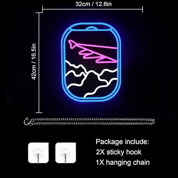 WLHOPE Airplane Window View Neon Signs Blue Pink LED Neon Sign for Wall Decor, USB Plane Window Clouds Neon Light Up Signs for Bedroom Living Room Game Room Office Shop Airport Wall Art Decor-VerdiqueGarden
