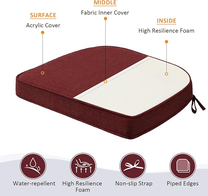 Sunbrella Round Corner Seat Cushions, 17" x 16" x 2", Set of 4, Indoor Outdoor Water Repellent Universal Chair Pads with Ties for Patio Furniture, Garden Dining Chairs, Spectrum Brick-VerdiqueGarden