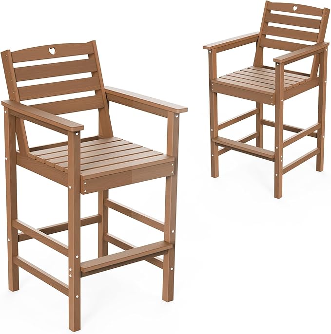 Tall Adirondack Chairs Set of 2, HDPE Wood Balcony Adirondack Chairs Set with Heart Cutout Design, Weather-Resistant Bar Height Furniture for Deck, Porch, Pool (Teak)-VerdiqueGarden