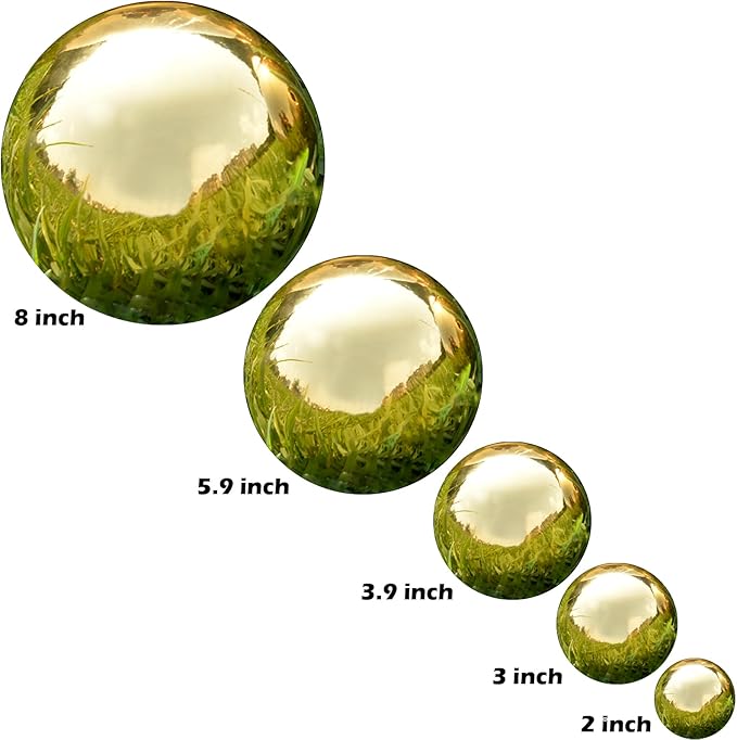 Nerien Gazing Ball, Stainless Steel Garden Mirror Globe, Polished Ornament Sphere, Hollow Floating Reflective Hemisphere, for Home Outdoor Pond Housewarming Swimming Pool Decoration, Gold, 8Pcs-VerdiqueGarden