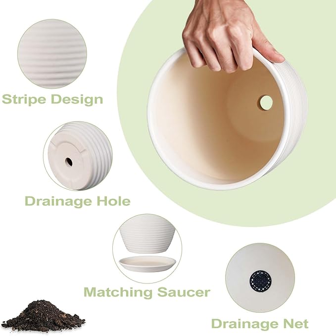 12 Inch Ceramic Planter Pot, Large Planter Pot with Drainage Hole and Saucer Round Flower Pot for Indoor Outdoor Plants, White-VerdiqueGarden