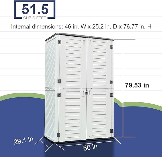 KINYING Outdoor Storage Cabinet Waterproof, Resin Vertical Outdoor Storage Shed for Patio Furniture, Garden Tools, Pool Accessories, Mower Storage (66 Cu.ft, Off White)-VerdiqueGarden
