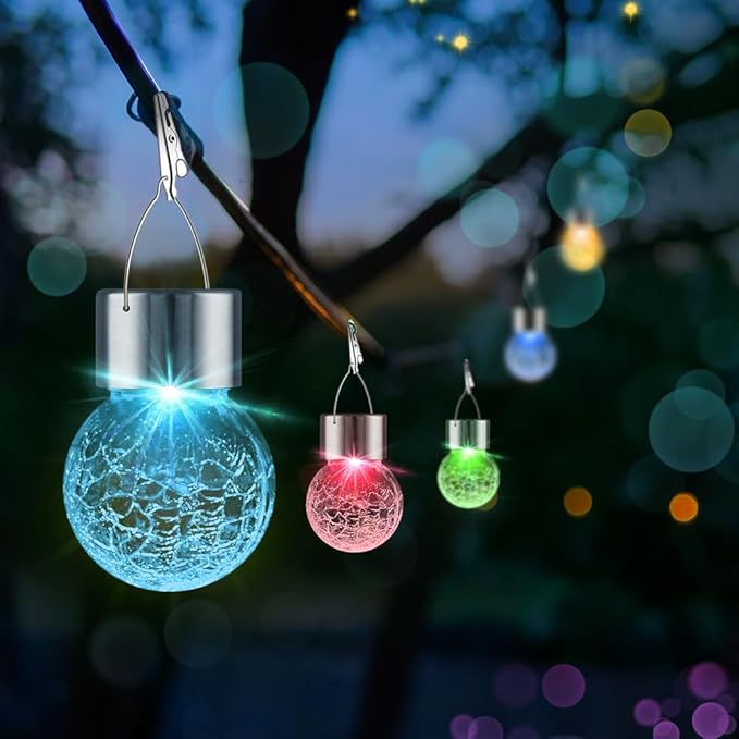 12 Pack Hanging Solar Lights Outdoor Decorative, Waterproof Solar Globe Lantern with Handle and Clip, Solar Powered Cracked Glass Ball Lights for Garden Yard Patio, Fence Tree Umbrella, Holiday Decor-VerdiqueGarden
