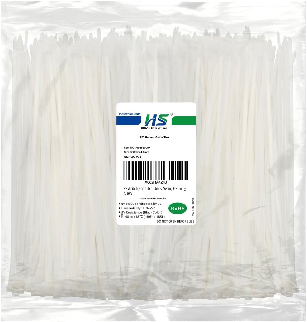 HS White Nylon Cable Ties 12 Inch Zip Ties (1000 Pack) 50 LBS Heavy Duty Clear Zip Ties 12in Plastic Ties Straps for Electrical,Christmas,Weding Fastening-VerdiqueGarden