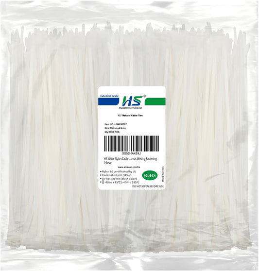 HS White Nylon Cable Ties 12 Inch Zip Ties (1000 Pack) 50 LBS Heavy Duty Clear Zip Ties 12in Plastic Ties Straps for Electrical,Christmas,Weding Fastening-VerdiqueGarden